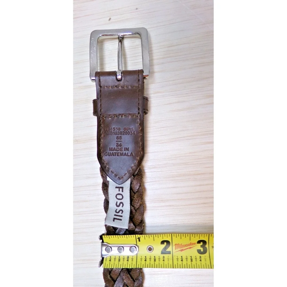 Fossil Men's Braided Leather Belt Brown Size 34 Silver Tone Buckle